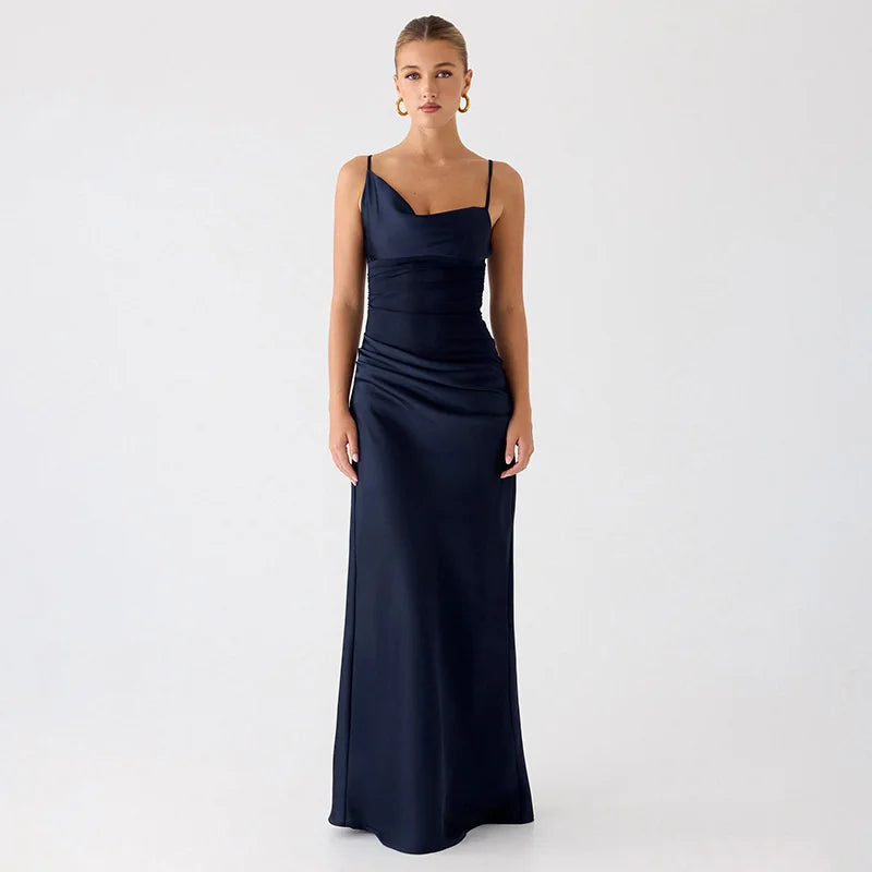 Navy blue evening gown on a white background