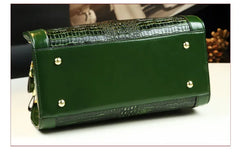 Close-up of the handbag's under side crocodile embossed texture and premium leather craftsmanship.