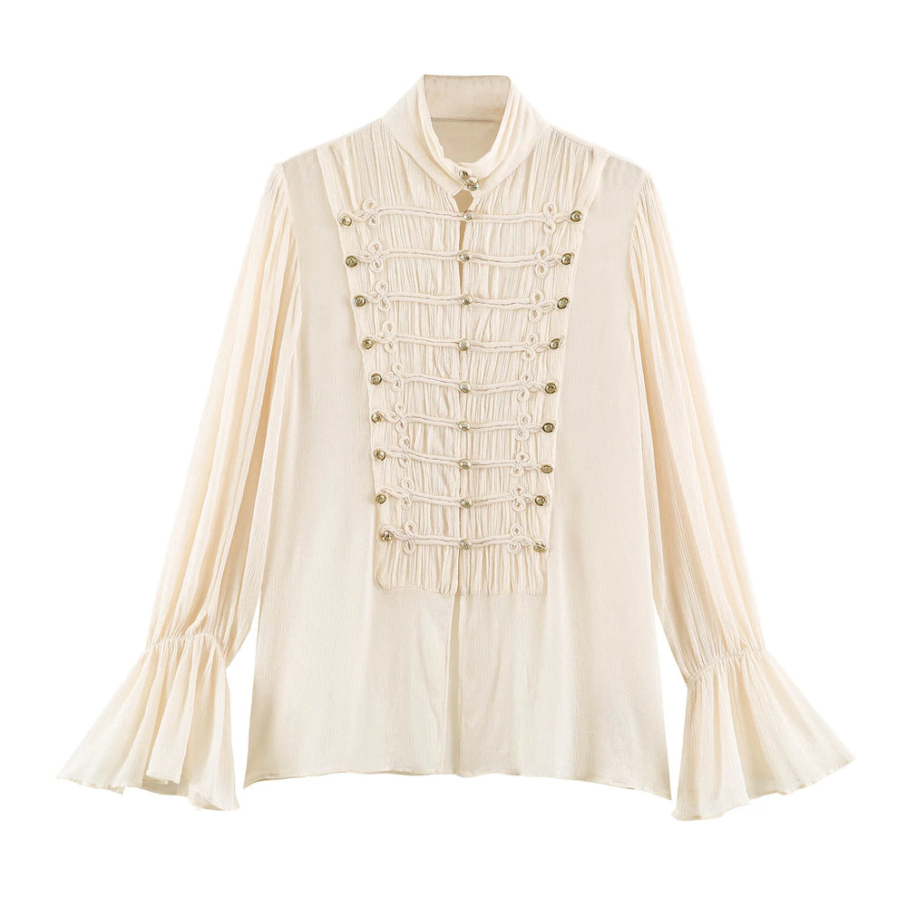 Stand collar knotted button flare sleeve blouse front view