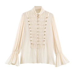 Stand collar knotted button flare sleeve blouse front view