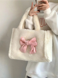 White Sweet Bow Tote Bag Plush Ladies Handbag