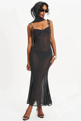 Polka Dot Spaghetti Strap Sweetheart Neck Maxi Dress