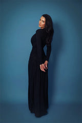 Long Sleeve Deep Neck Ruched Shimmering Slit Maxi Dress