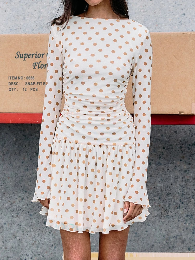 Polka dot ruched mini dress side view
