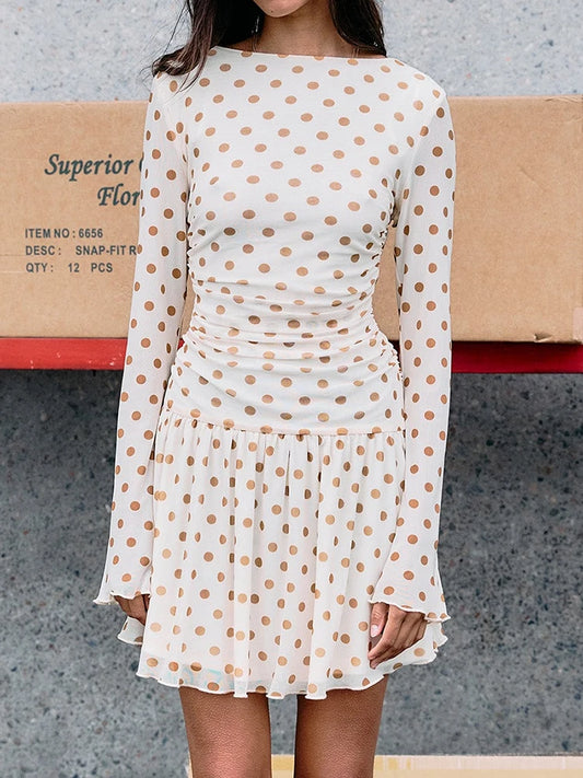 Polka dot ruched mini dress side view
