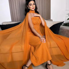 Orange Strapless Evening Dress with Cape Sleeve Women for Wedding Luxury Dubai Formal Party Gowns  Golden Atelier 1