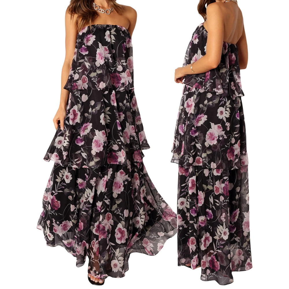 Floral strapless dress with ruffled layers on a white background