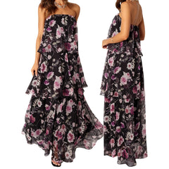 Floral strapless dress with ruffled layers on a white background