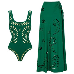 Scallop Neckline One-Piece Swimsuit with Eyelet Midi Skirt Set