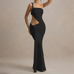 Black one-shoulder evening gown with cutout design on a neutral background