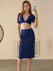 Blue Deep V-Neck Bralette Top and Midi Skirt Set