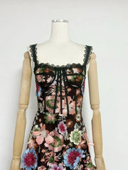 Black Floral Embroidered A-line Midi Dress
