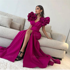 V-Neck Ruffles Puffy Sleeves A-line Satin Floor Length Prom Dress