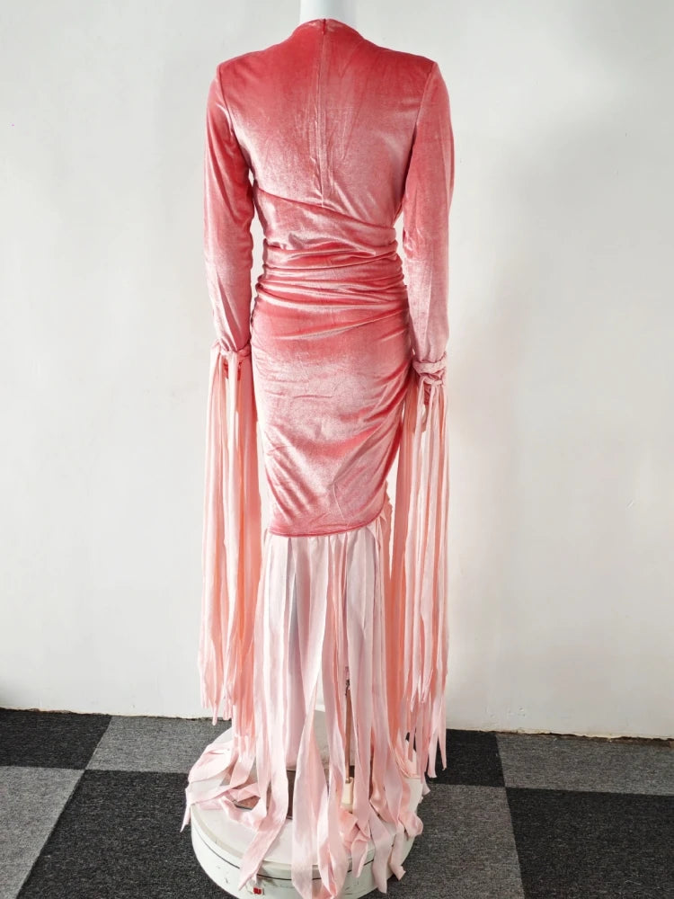 Pink velvet dress with sheer overlay 