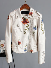 White Floral Embroidery Faux Soft Leather Rivet Jacket