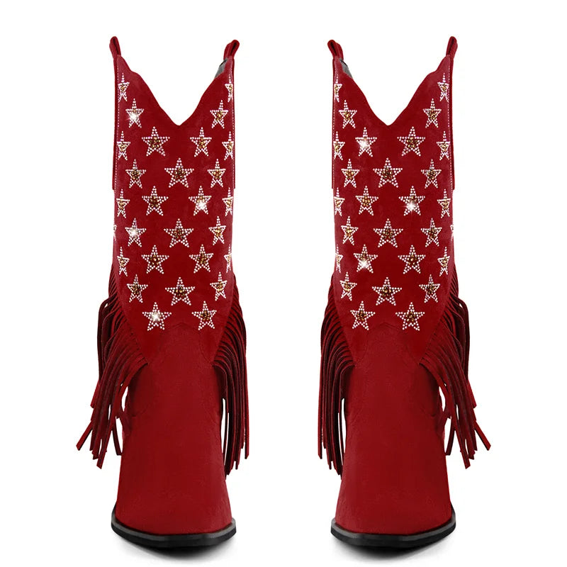 Front view of red fringe western boots with star embellishments.