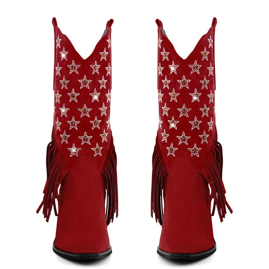 Front view of red fringe western boots with star embellishments.