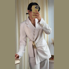 Ruched Waist Gold Buckle Blazer and Wide Leg Pants Set
