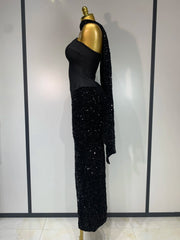 Strapless sequin maxi skirt, tube top & scarf.

