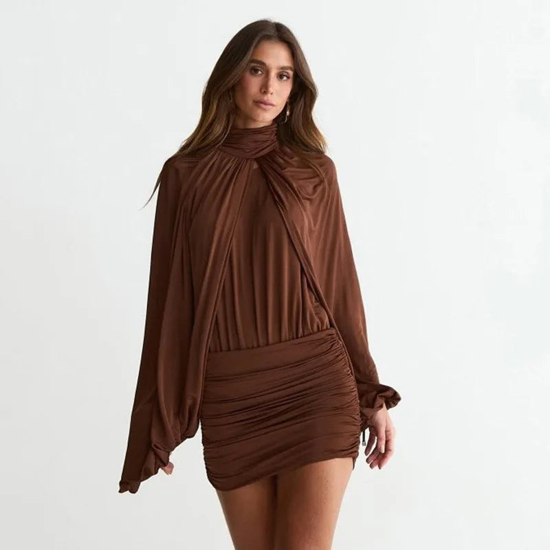 Model wearing a Brown Ruched Turtleneck Long Sleeve Dress