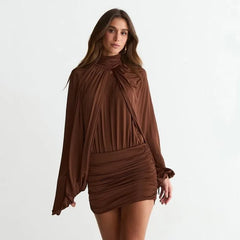 Model wearing a Brown Ruched Turtleneck Long Sleeve Dress
