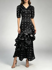 V-Neck Tiered Ruffle Polka Dot Maxi Dress