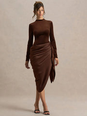 brown long sleeve midi dress with ruched waist
