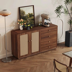 Scandinavian-inspired storage unit with gold hardware and warm wood tones