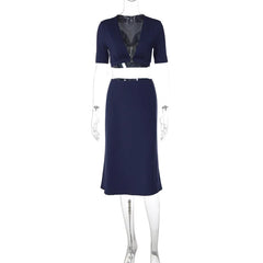Blue Deep V-Neck Bralette Top and Midi Skirt Set