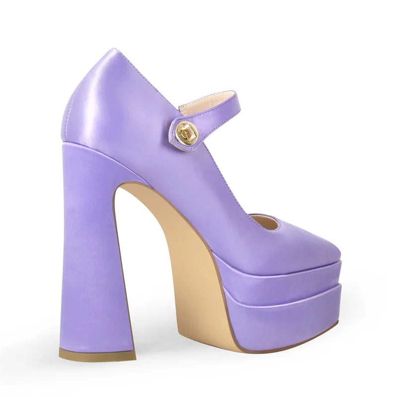 Purple satin pointed toe platform Mary Jane heels with a chunky block heel and ankle strap
