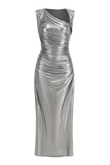 Silver Metallic One Shoulder Ruched Maxi Dress