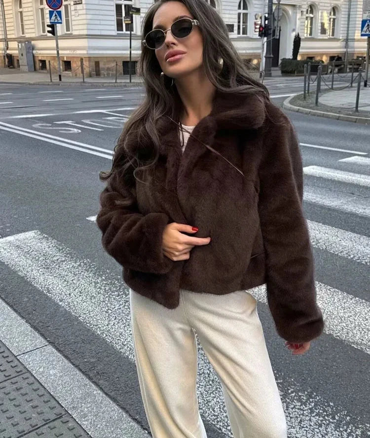 Brown Faux Fur Lapel Side Pockets Coat