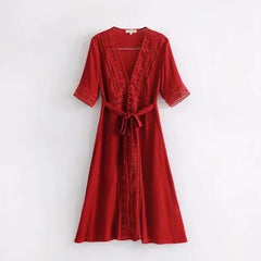 Lace Trim V-Neck Midi Dress
