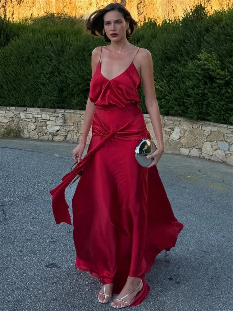 Red satin V-neck spaghetti strap maxi dress with open back