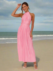 Folds Halter Solid Pink Off Shoulder Maxi Dress