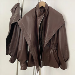 Faux Leather Jacket with Cinched Waist and High Neck Top