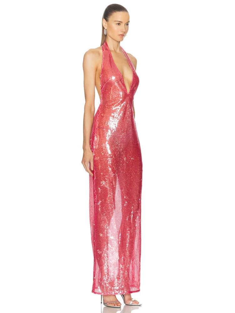 Elegant pink sequin dress designed for cocktail reception
