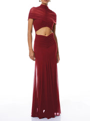 Red ruched cutout high neck sleeveless maxi Dress