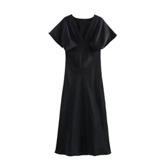 Satin V-Neck Flutter Sleeve Maxi Dress