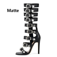Gladiator Round Toe Hollow Buckle Strap Thigh High Stiletto Heels