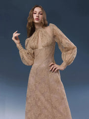 Lace Mock Neck Lantern Sleeve Dress