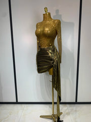 Sequin Sheer Long Sleeve Turtleneck Metallic Draped Mini Dress
