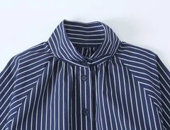 Striped stand collar button front blouse collar detail