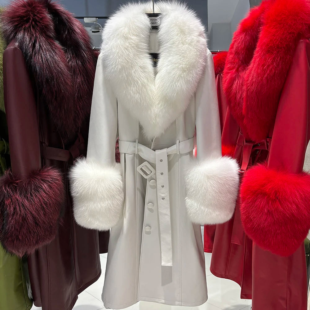 White coat with fur accents on a rack with other colorful coats.