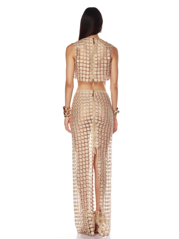 Cropped top and maxi skirt two-piece set with grid pattern
