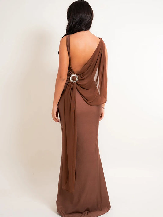 Draped one-shoulder maxi dress in red