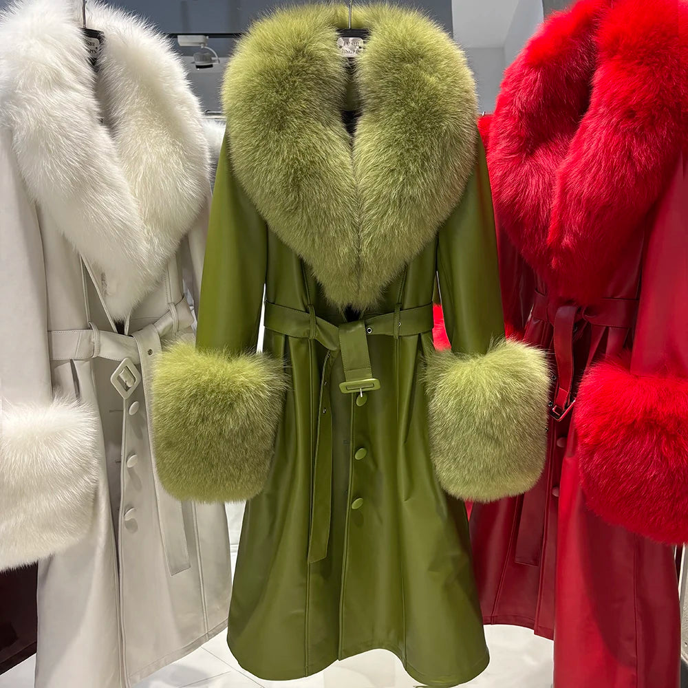 Green coat with fur trim displayed among other colorful coats.