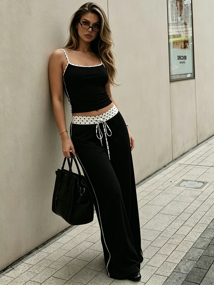 Black camisole top and wide-leg pants set with polka dot trim