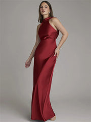 Halter Neck Sleeveless Satin Maxi Dress