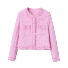 Pink Fringe Fur Shoulder Pad Tweed Blazer